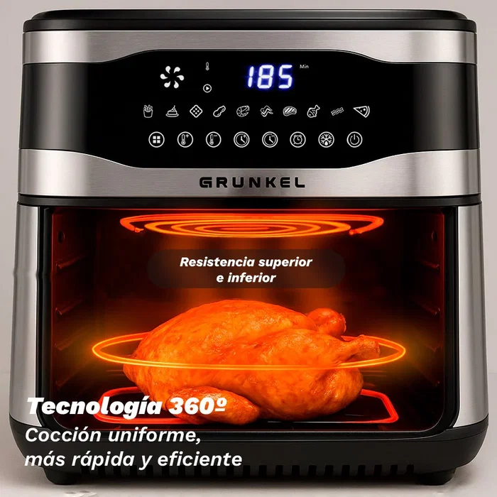 Grunkel Maxisteelfryer Freidora de Aire sin Aceite 9L, 2200W, Tecnología Fry Force 360°, 10 Programas, Digital, Negro y Acero Inoxidable