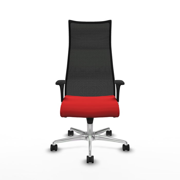 Sillón Albacete con mecanismo Sincro tapizada con Similpiel color Rojo y malla color Negro. Equipado con Base aluminio, Brazos 1D y Ruedas 65mm nailon