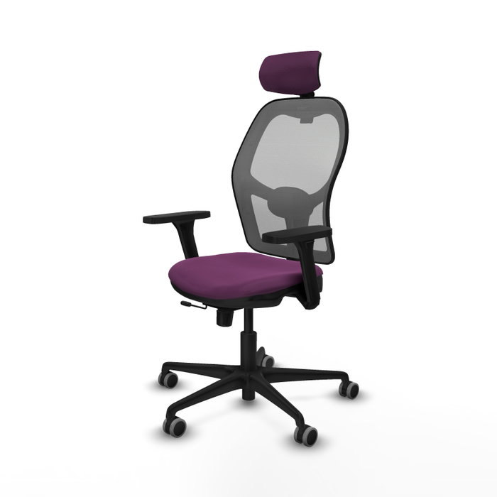 Silla de oficina Jorquera con mecanismo Sincro/Traslack tapizada con Similpiel color Morado y malla color Gris. Equipada con lumbar 1D, Brazos 3D, Cabecero 2D y Ruedas 65 mm parqué