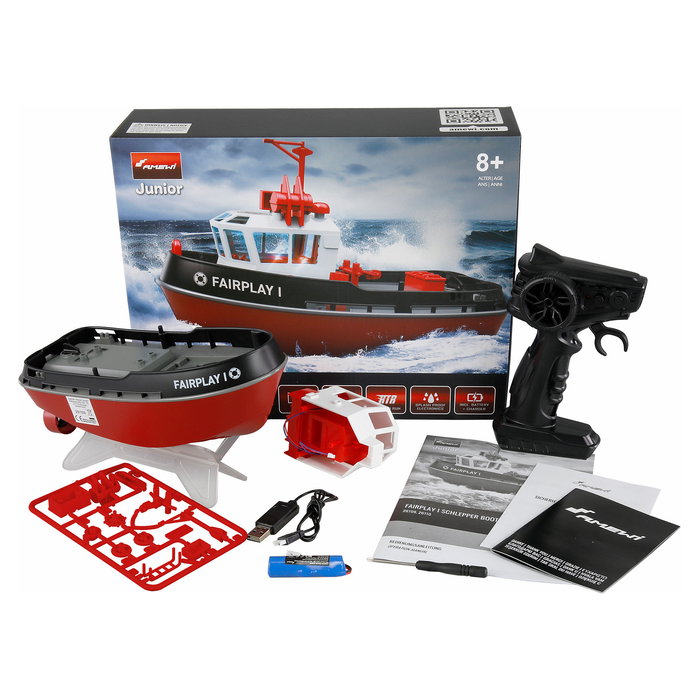 AMEWI Fairplay I Barco RC Schlepperboot Escala 1:72 Listo para Usar RTR Negro con Motor Eléctrico, Batería Li-Ion 600mAh, Radio 2.4GHz, Para Niños +8 Años