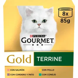 Purina Gourmet Gold Multi Terrine Surtido 8x85g - Alimento Húmedo para Gatos Adultos con Salmón y Judías Verdes en Gelatina, Alimento Completo y Equilibrado
