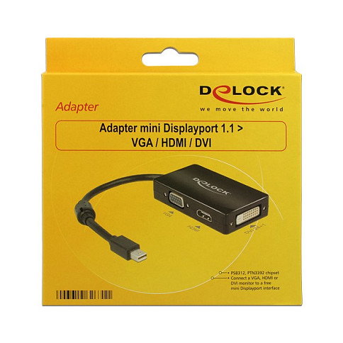DELOCK Adaptador Mini DisplayPort a 1x VGA + 1x HDMI + 1x DVI Negro