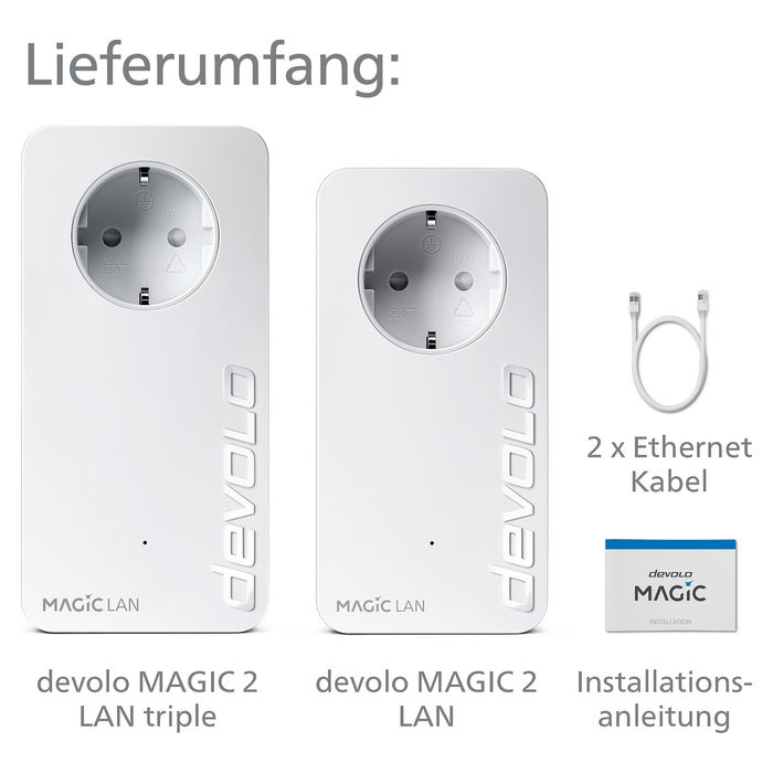 Devolo Magic 2 LAN triple Powerline Starter Kit - Adaptador WiFi por Red Eléctrica, 2400 Mbit/s, 3 Puertos Gigabit LAN, Plug & Play, Blanco