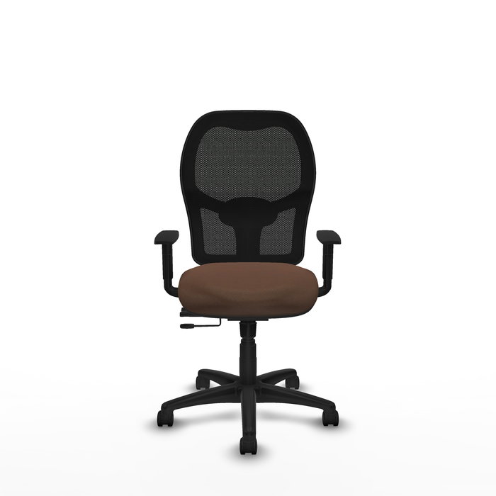 Silla de oficina Alocén con mecanismo Sincro/Traslack tapizada con Tela color Marrón oscuro y malla color Negro. Equipada con lumbar 1D, Brazos 1D y Ruedas de nailon 50 mm