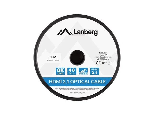 Lanberg CA-HDMI-30FB-0500-BK Cable HDMI 2.1 8K 50m Optical AOC, 48Gbps, HDR10+, Negro