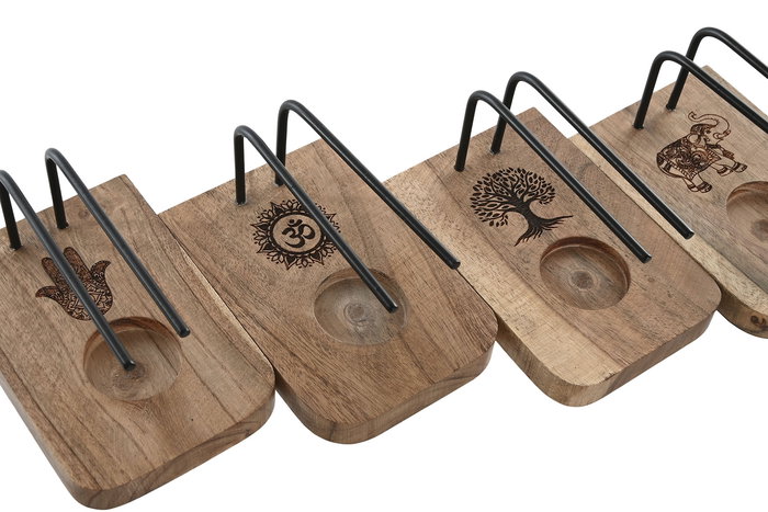DKD Home Decor Soporte Incienso Indio Palo Santo Arbol de la Vida Elefante Ohm Marron Negro Mango Hierro 9 x 7 x 13 cm (8 Unidades)