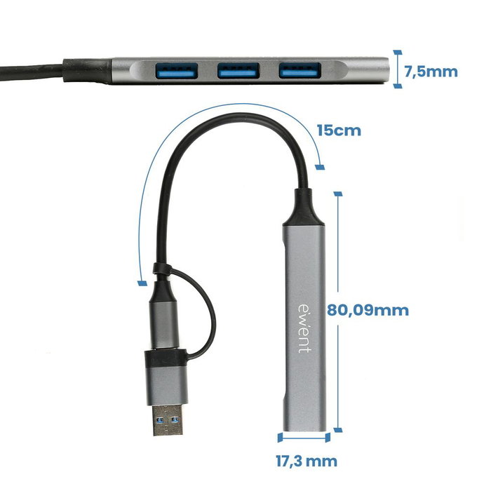 Ewent EW1154 Hub USB-C 3.2 Gen1 5Gbps con 1x USB-A 3.2 y 3x USB-A 2.0, Aluminio