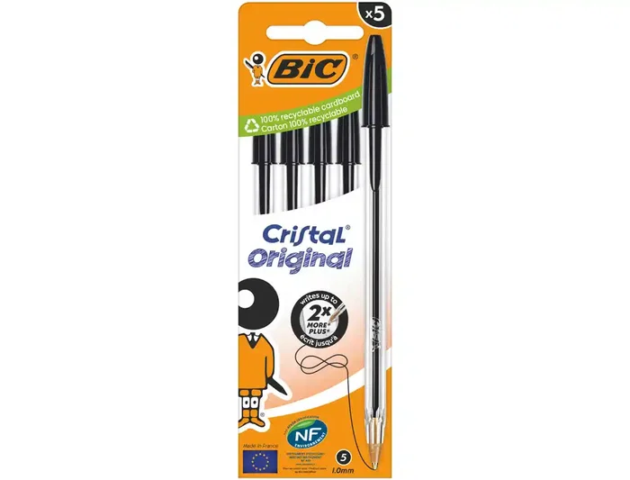 Bic Bolígrafo Cristal Original Tinta Negra Bolsa 5 Unidades Punta Media 1mm Trazo 0.32mm Bic Bolígrafo Cristal Original Tinta Negra Bolsa 5 Unidades Punta Media 1mm Trazo 0.32mm