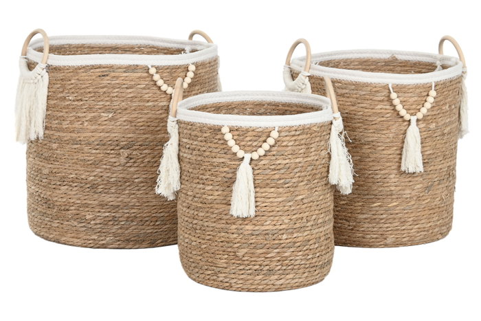 DKD Home Decor Set de 3 Cestas Boho Natural y Blanco DKD Home Decor Set de 3 Cestas Boho Natural y Blanco