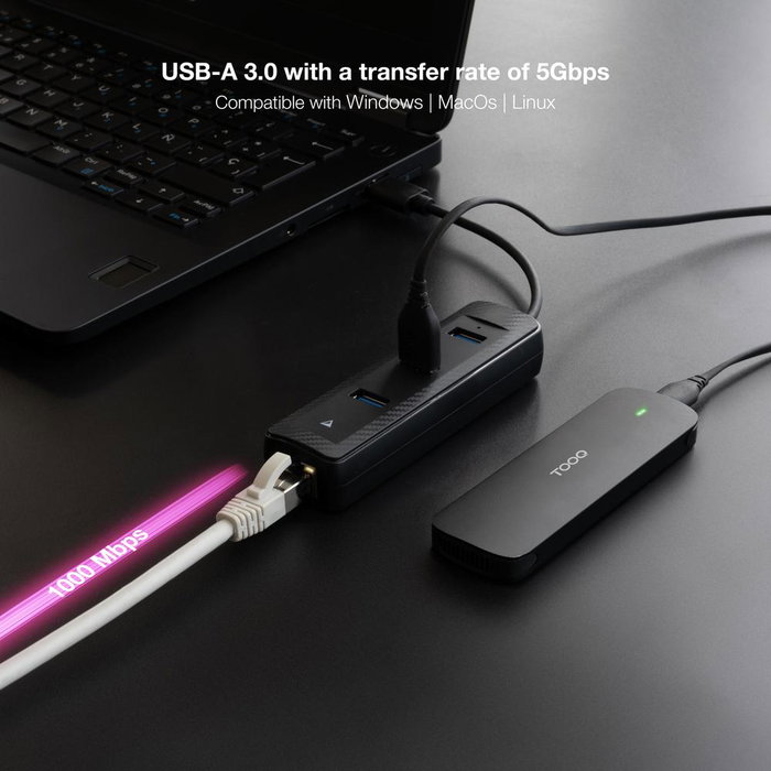 Nanocable Hub USB 3.0 con 3 Puertos USB-A y Ethernet RJ45, Negro