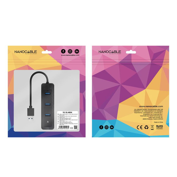 Nanocable Hub USB 3.0 con 3 Puertos USB-A y Ethernet RJ45, Negro