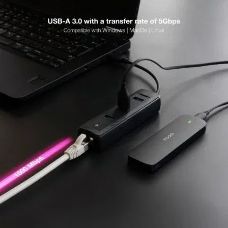 Nano Cable Hub USB 3.0 3xUSB + RJ45 15cm Negro