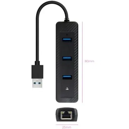 Nano Cable Hub USB 3.0 3xUSB + RJ45 15cm Negro