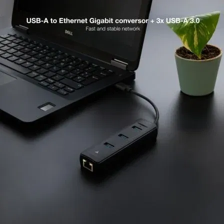 Nano Cable Hub USB 3.0 3xUSB + RJ45 15cm Negro