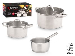 KINVARA Set 3 Cacerolas Acero Inoxidable con Tapas de Cristal 33x19x21.5 cm (Set de 2)