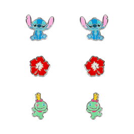 Disney Set 3 Pares de Pendientes Stitch y Scrump Bañados en Plata