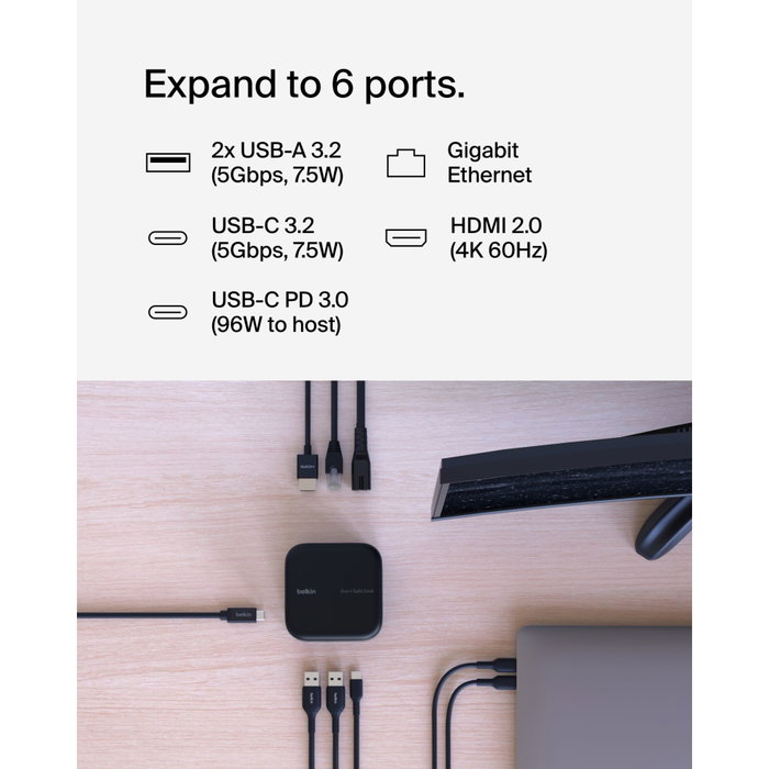 Belkin INC018vfBK Estación de Acoplamiento USB-C 6-en-1 Core GaN 96W PD Negro Belkin INC018vfBK Estación de Acoplamiento USB-C 6-en-1 Core GaN 96W PD Negro