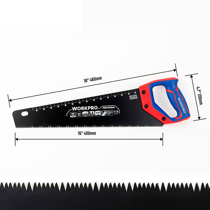 Workpro Serrucho Universal 400 mm, Hoja de Acero SK5 con Tratamiento Teflón, 8 TPI para Corte Rápido de Madera, Bambú, PVC - Mango Ergonómico con Ángulos de Trazado de 45° y 90°