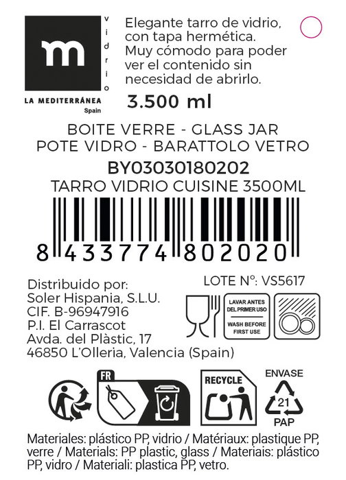 La Mediterranea Tarro de Vidrio Cuisine 3500ml La Mediterranea Tarro de Vidrio Cuisine 3500ml