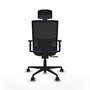 Silla de oficina Yunquera con mecanismo Sincro tapizada con Tela color Azul claro y malla color Negro. Equipada con lumbar 1D, Brazos 1D, Cabecero 1D y Ruedas 65mm nailon