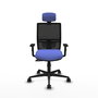 Silla de oficina Yunquera con mecanismo Sincro tapizada con Tela color Azul claro y malla color Negro. Equipada con lumbar 1D, Brazos 1D, Cabecero 1D y Ruedas 65mm nailon