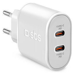 SBS Cargador USB-C PD 20W, 2 Puertos, Blanco, para Interiores, Alimentación AC 100-250V