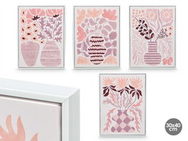 Giftdecor Cuadro Lienzo Marco Blanco Jarrones Rosa Surtidos 30x40x3 cm (Set de 4)