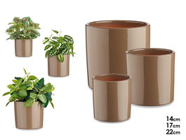 Ibergarden Set 3 Macetas Cerámica Cilindro Taupe (13.5x13.5x12 cm, 17x17x15 cm, 22x22x19 cm)