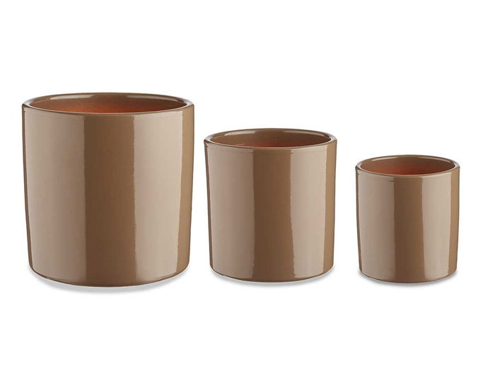 Ibergarden Set 3 Macetas Cerámica Cilindro Taupe (13.5x13.5x12 cm, 17x17x15 cm, 22x22x19 cm)