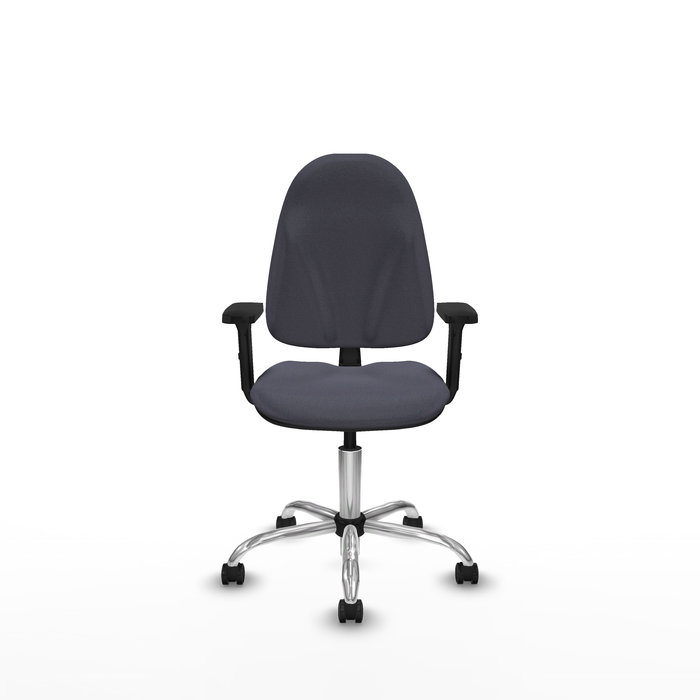 Silla de oficina Algarra con mecanismo Contacto permanente básico tapizada con Tela color Gris oscuro. Equipada con Base cromada, Brazos 2D y Ruedas de parqué