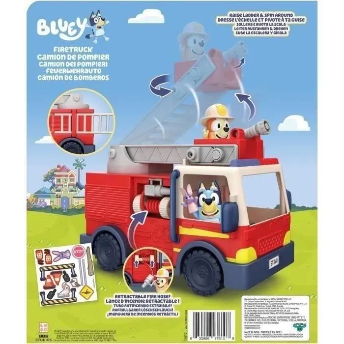 Moose Camión de Bomberos Bluey 17610 con Figuras Bluey, Bingo y Bob Bilby, Escalera Giratoria y Manguera
