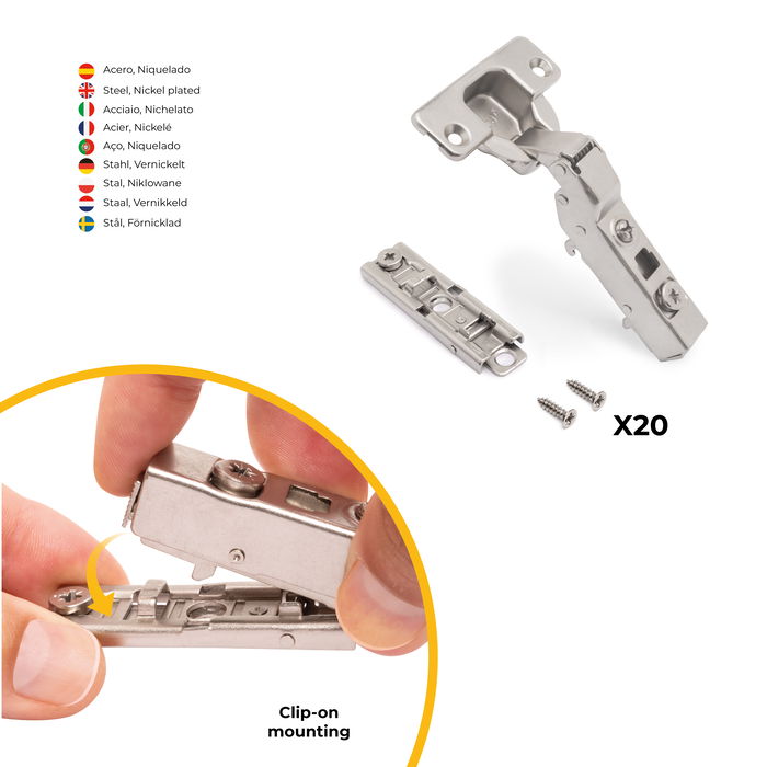 Emuca Lote de 20 bisagras codo X91 con cierre suave y suplemento recto para atornillar, Altura 1, Acero, Niquelado Emuca Lote de 20 bisagras codo X91 con cierre suave y suplemento recto para atornillar, Altura 1, Acero, Niquelado