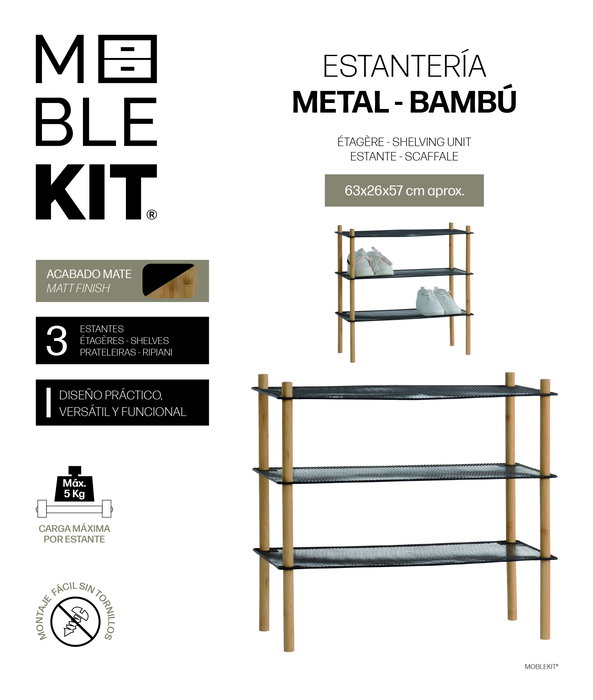 Inde Estanteria Metal-Bambu Rectangular 3 Niveles 26.4 cm (Ancho) x 3.1 cm (Alto) x 63.8 cm (Largo) (4 Unidades)