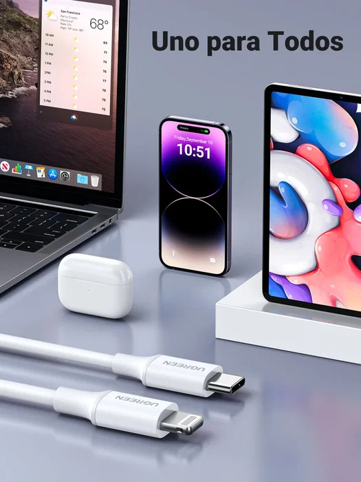 Ugreen Cable USB-C a Lightning 1 m Blanco MFi Certificado Ugreen Cable USB-C a Lightning 1 m Blanco MFi Certificado