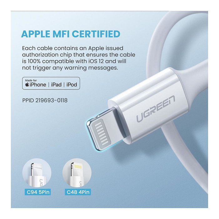 Ugreen Cable USB-C a Lightning 1m Blanco MFi Certificado Ugreen Cable USB-C a Lightning 1m Blanco MFi Certificado