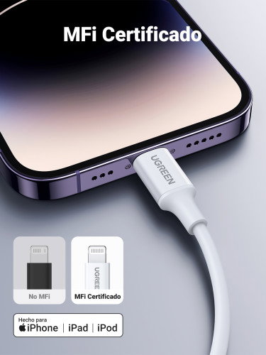 UGREEN 10493 Cable USB-C a Lightning MFi 1m Blanco - Carga Rápida PD 3A, Transferencia Datos 480Mbps, Compatible iPhone, iPad, iPod
