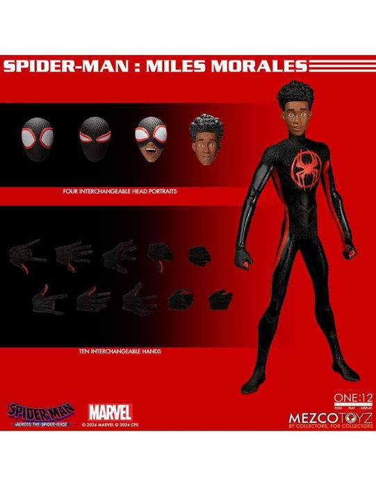 Mezco Toyz One:12 Collective Figura Spider-Man: Miles Morales de Spider-Verse, 17 cm con tela, 28 puntos de articulación, 4 cabezas, 10 manos y efectos