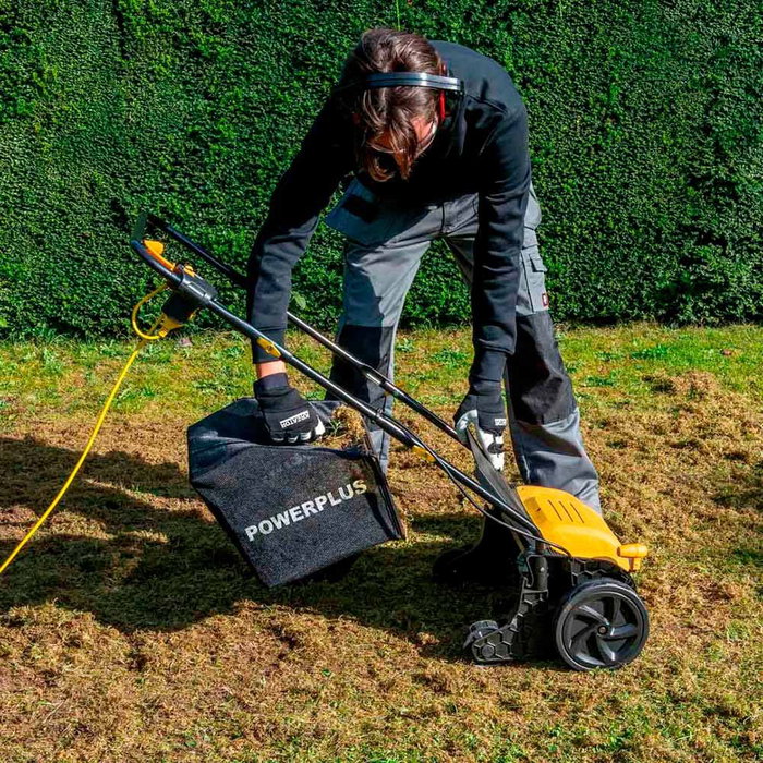 Powerplus Escarificador-Aireador de Césped 1300W, Ancho 320mm con 4 Posiciones, Bolsa 35L, Cuchillas Giratorias, Revive Césped hasta 500m²