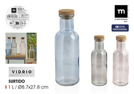 La Mediterran Botella de Vidrio Lisa con Tapón de Corcho Pintado 1L (8.7x8.7x27.8 cm) (24 Unidades)