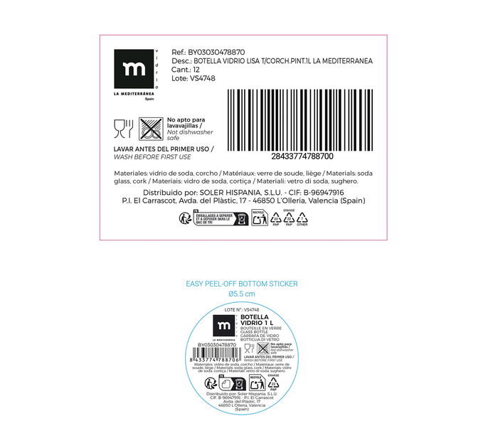 La Mediterran Botella de Vidrio Lisa con Tapón de Corcho Pintado 1L (8.7x8.7x27.8 cm) (24 Unidades)