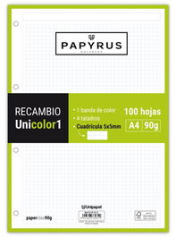 Recambio Papyrus Unicolor1 A4 100H 90G 4 Taladros Cuad.5X5 Lima (Set de 24)