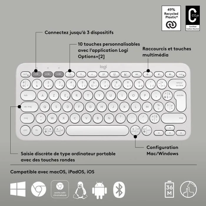 Logitech Pebble Keys 2 M380s Teclado Inalámbrico Bluetooth Botón Easy-Switch Blanco (920-011804)