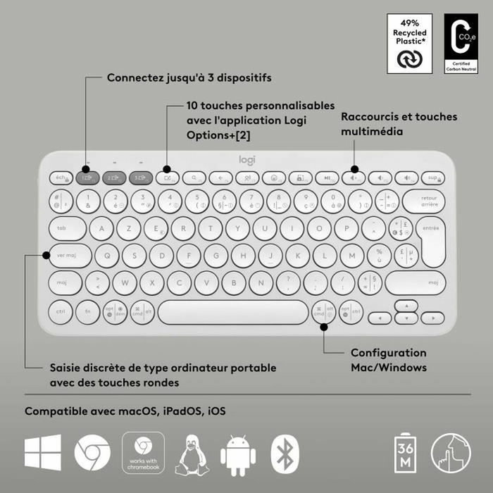 Logitech Pebble Keys 2 M380s Teclado Inalámbrico Bluetooth Blanco con Botón Easy-Switch Logitech Pebble Keys 2 M380s Teclado Inalámbrico Bluetooth Blanco con Botón Easy-Switch