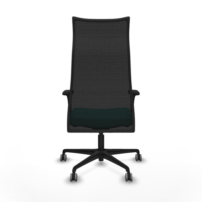 Sillón Albacete con mecanismo Sincro tapizada con Similpiel color Turquesa y malla color Negro. Equipado con Base nailon negra, Brazos 1D y Ruedas 65 mm parqué