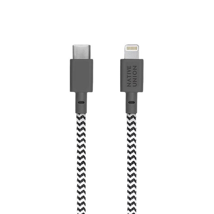 Native Union KV-C-Lightning Cable de Carga Lightning 1.2m Ultra Resistente Trenzado Nylon Kevlar, Correa Cuero Anti-enredos, Apple MFi, Zebra