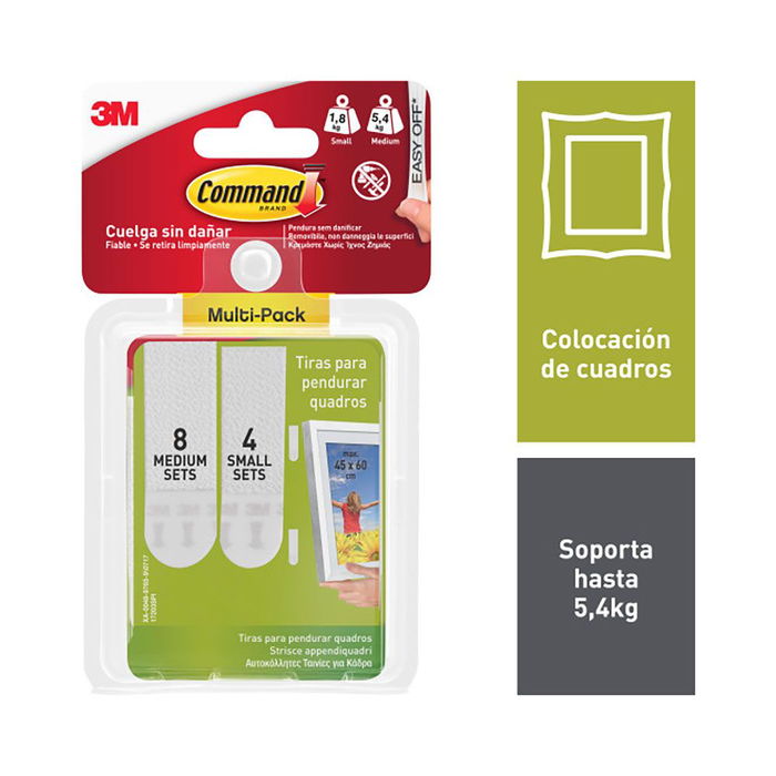3M Command 17203 Tiras para Colgar Cuadros, Multipack 4 Pares Pequeñas (1.8 kg) y 8 Pares Medianas (5.4 kg), Adhesivos para Pared, Sin Daños