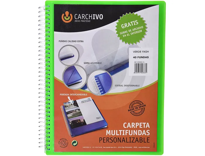 Carchivo Carpeta Archivex Polipropileno Canguro Verde Escaparate Espiral 40 Fundas Cierre Gomas DIN A4