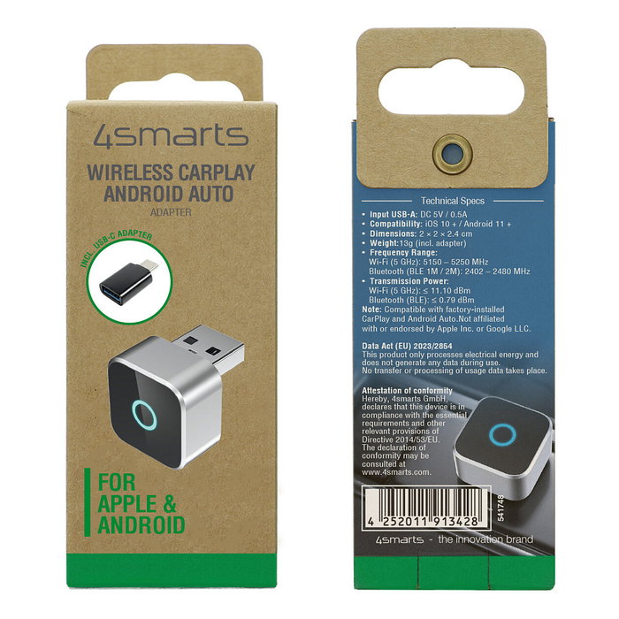 4smarts Adaptador Inalámbrico 2en1 CarPlay/Android Auto, Modelo 541748, Color Negro/Plata