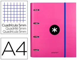 Antartik Carpeta con Recambio A4 Cuadro 5mm, Anillas 40mm Redondas, Solapa, Rosa