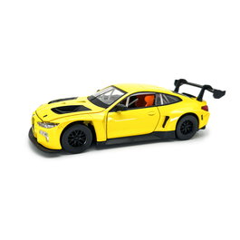 Deqube Coche a Escala BMW M4 GT3 1:32, Color Amarillo, Juguete de Metal Pull-Back para Colección - D00418